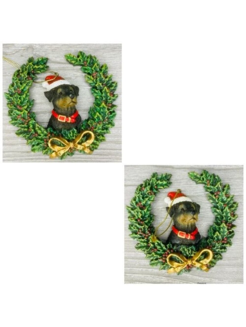 Rottweiler 2 dog with wreath Christmas tree ornament pair 3D resin ornaments